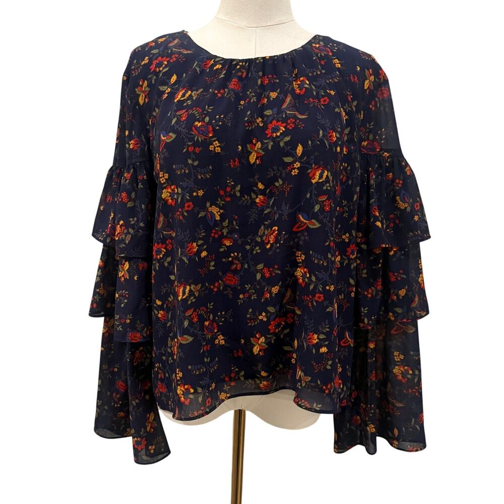 Madewell Floral Ruffle Bell Sleeve Blue Boho Blouse XL Cottagecore Romantic Work